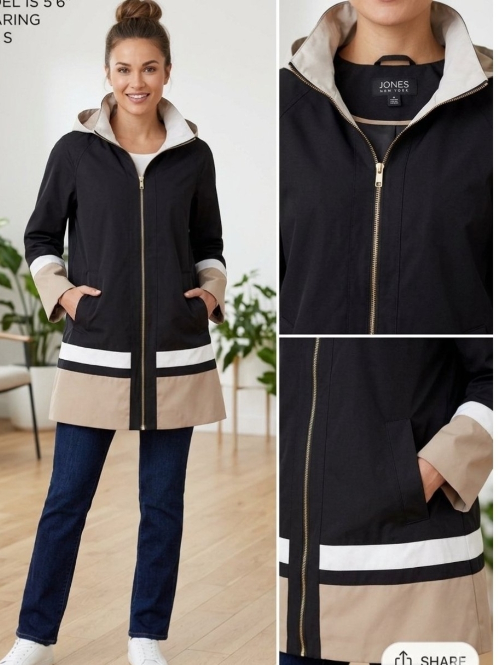 Jones New York Black, Tan & White Colorblock Trench Coat
